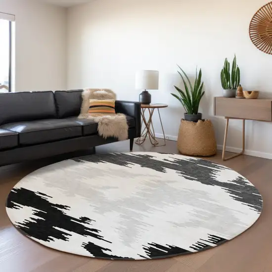 8' Black Gray And Silver Round Abstract Washable Indoor Outdoor Area Rug Photo 7