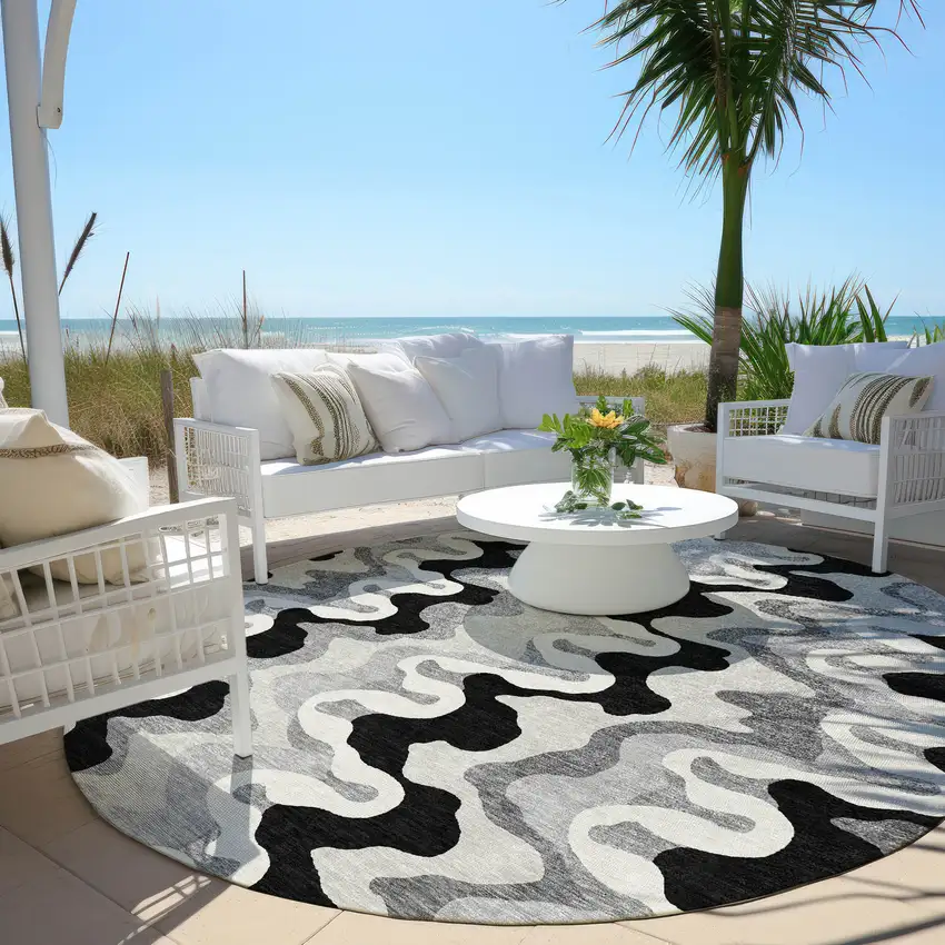 8' Black Gray And Silver Round Abstract Washable Indoor Outdoor Area Rug Photo 5