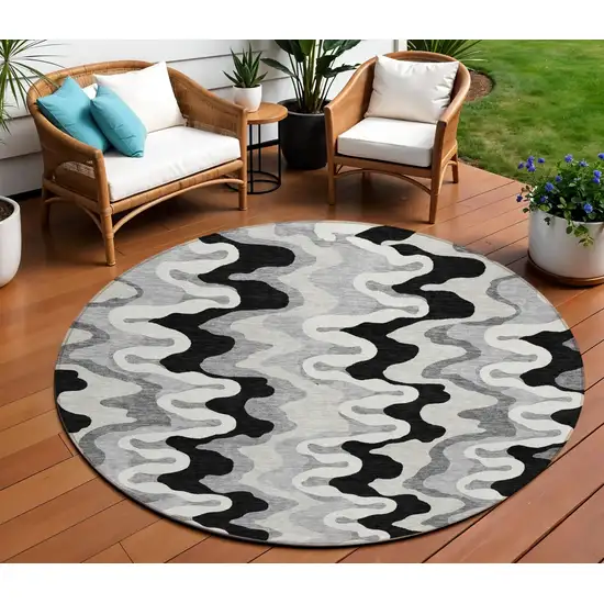 8' Black Gray And Silver Round Abstract Washable Indoor Outdoor Area Rug Photo 1
