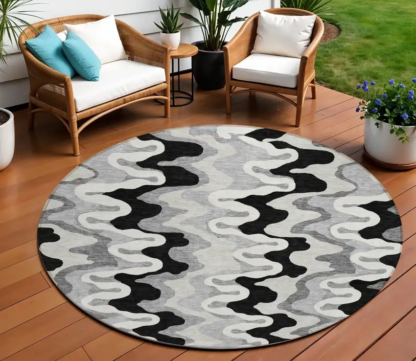8' Black Gray And Silver Round Abstract Washable Indoor Outdoor Area Rug Photo 1