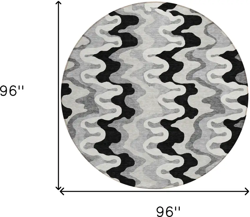 8' Black Gray And Silver Round Abstract Washable Indoor Outdoor Area Rug Photo 7