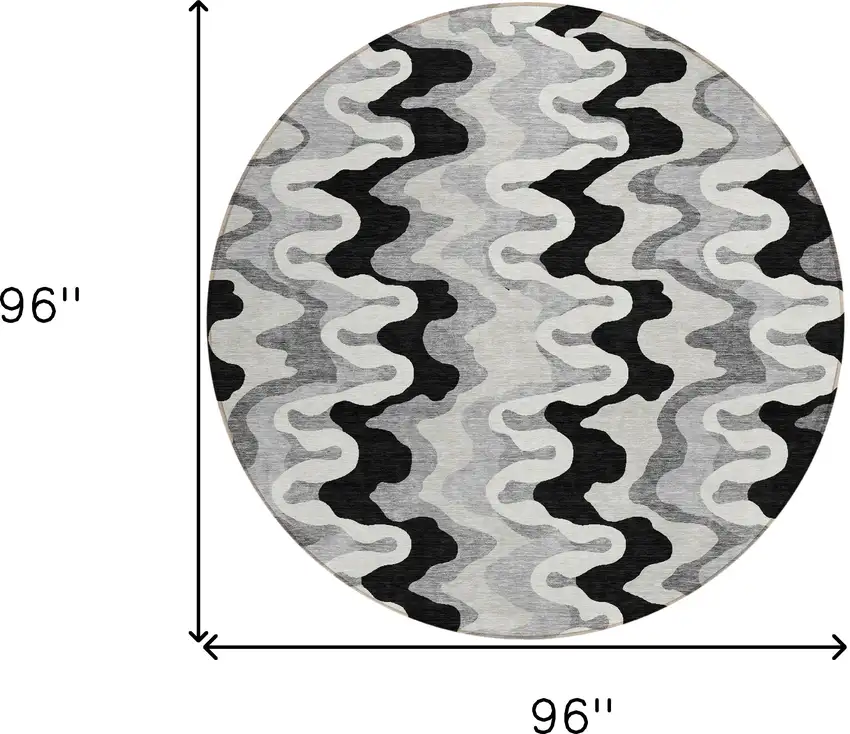 8' Black Gray And Silver Round Abstract Washable Indoor Outdoor Area Rug Photo 7