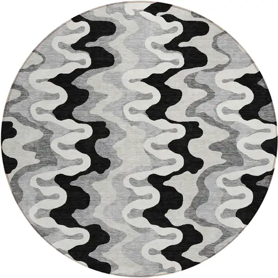 8' Black Gray And Silver Round Abstract Washable Indoor Outdoor Area Rug Photo 1