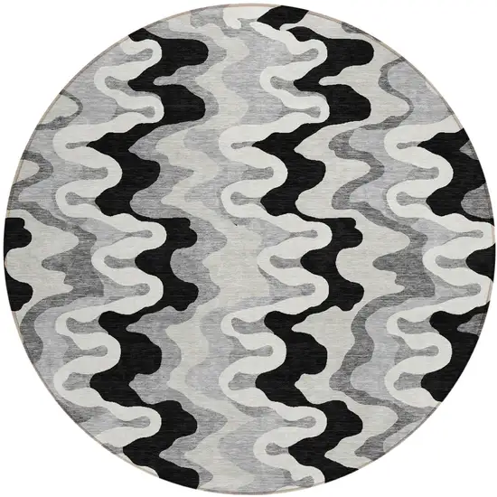 8' Black Gray And Silver Round Abstract Washable Indoor Outdoor Area Rug Photo 1