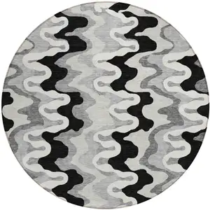 Photo of 8' Black Gray And Silver Round Abstract Washable Indoor Outdoor Area Rug