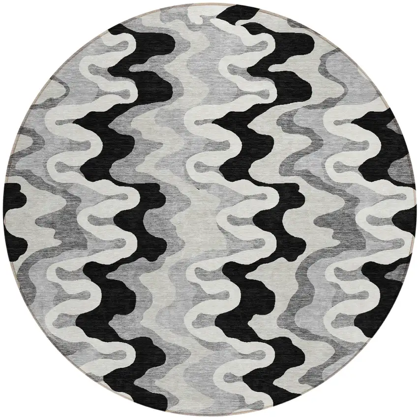 8' Black Gray And Silver Round Abstract Washable Indoor Outdoor Area Rug Photo 1