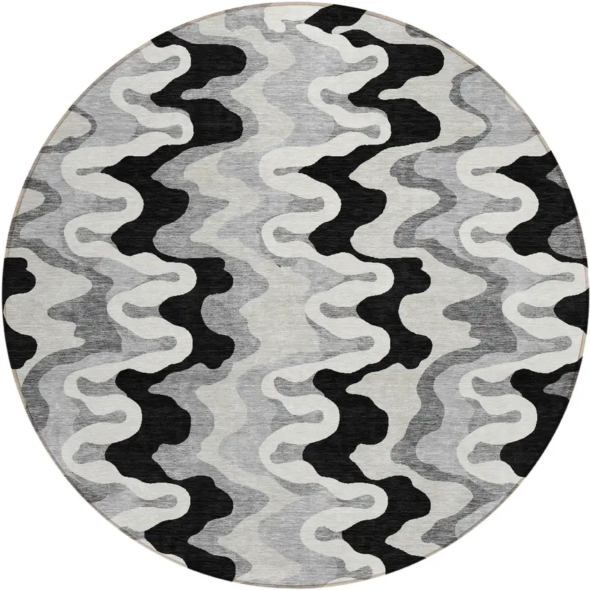 8' Black Gray And Silver Round Abstract Washable Indoor Outdoor Area Rug Photo 1