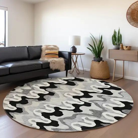 8' Black Gray And Silver Round Abstract Washable Indoor Outdoor Area Rug Photo 7