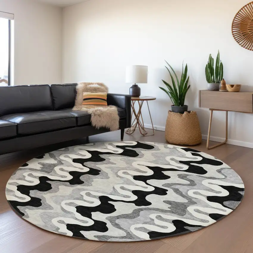8' Black Gray And Silver Round Abstract Washable Indoor Outdoor Area Rug Photo 7