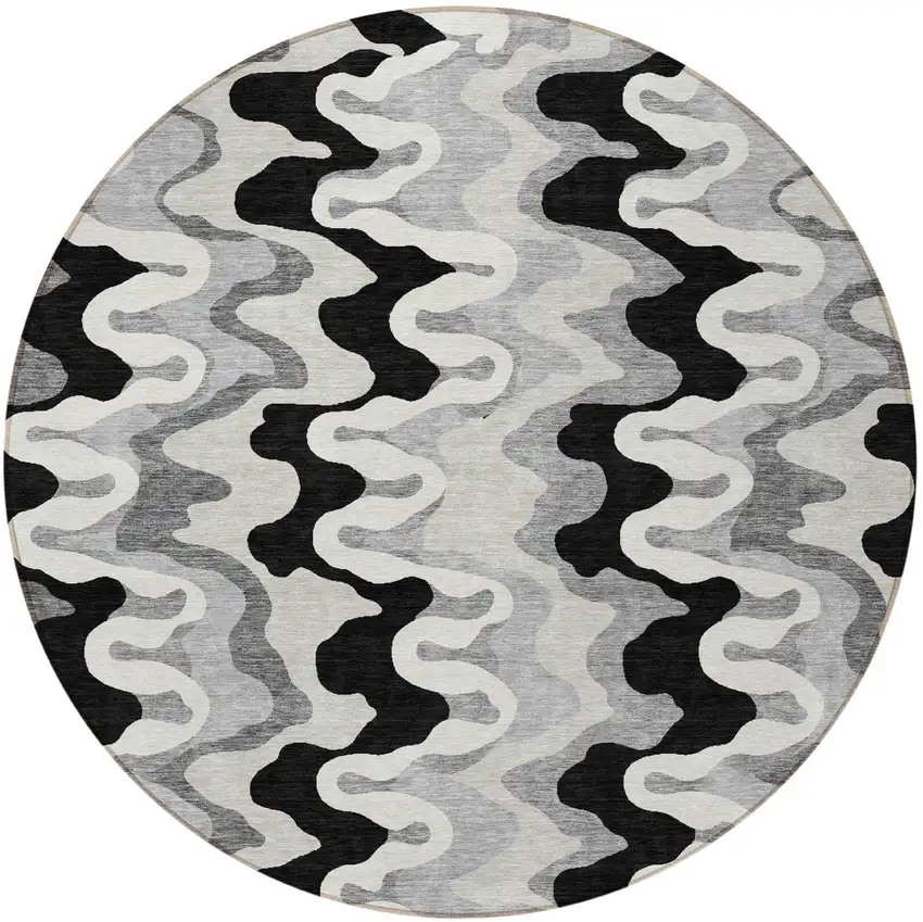 8' Black Gray And Silver Round Abstract Washable Indoor Outdoor Area Rug Photo 5