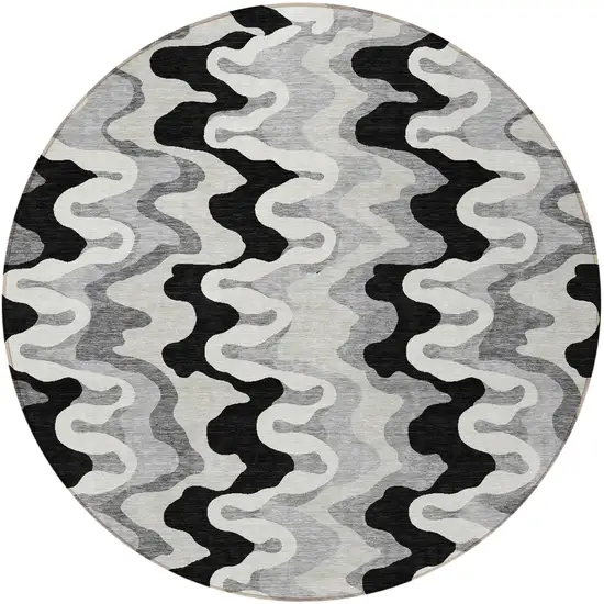 8' Black Gray And Silver Round Abstract Washable Indoor Outdoor Area Rug Photo 5