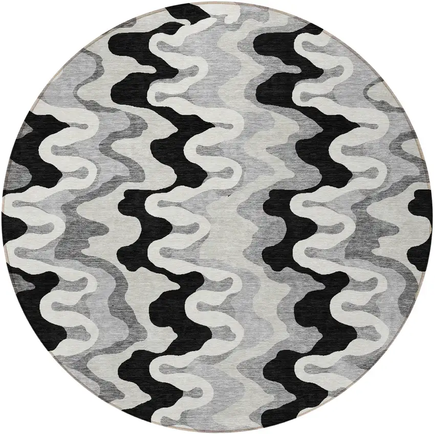 8' Black Gray And Silver Round Abstract Washable Indoor Outdoor Area Rug Photo 5