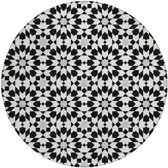 8' Black Gray And Silver Round Floral Medallion Washable Indoor Outdoor Area Rug Photo 2