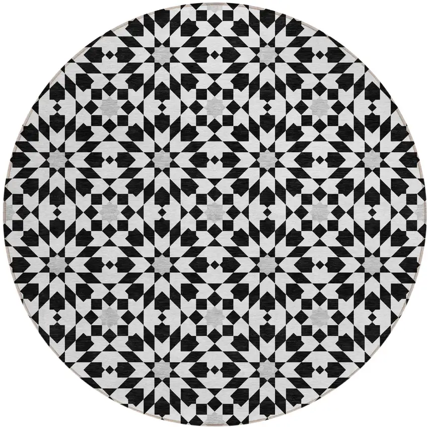 8' Black Gray And Silver Round Floral Medallion Washable Indoor Outdoor Area Rug Photo 2
