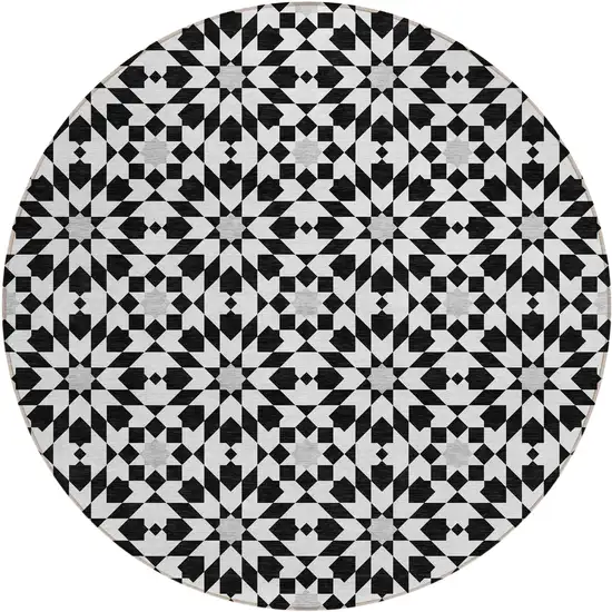 8' Black Gray And Silver Round Floral Medallion Washable Indoor Outdoor Area Rug Photo 2