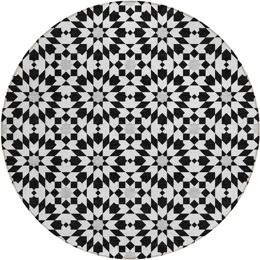 8' Black Gray And Silver Round Floral Medallion Washable Indoor Outdoor Area Rug Photo 2