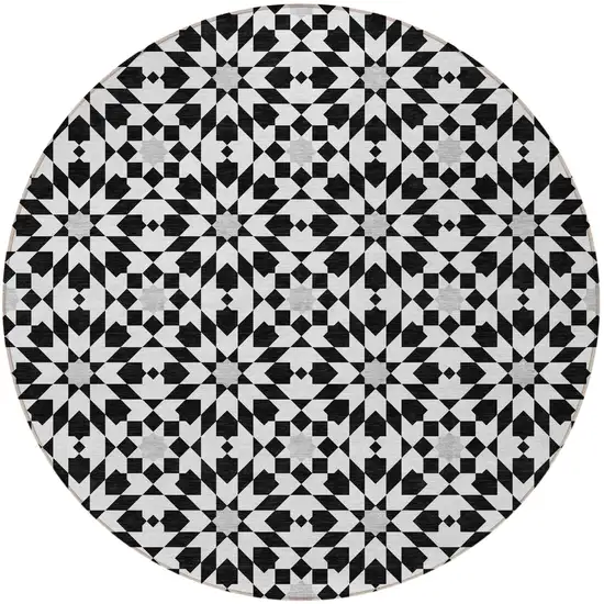 8' Black Gray And Silver Round Floral Medallion Washable Indoor Outdoor Area Rug Photo 6