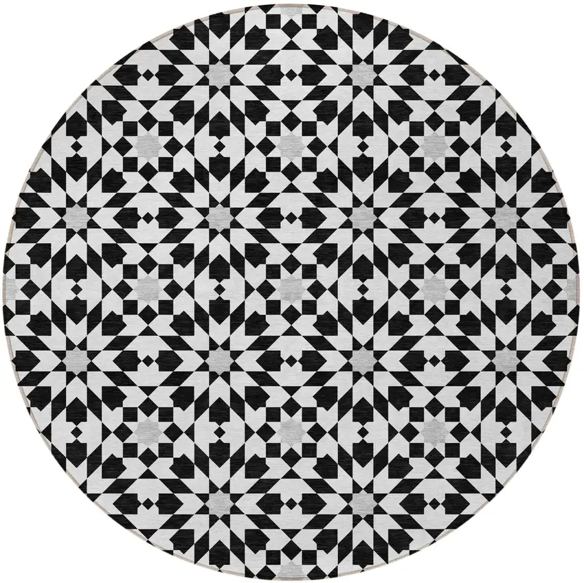 8' Black Gray And Silver Round Floral Medallion Washable Indoor Outdoor Area Rug Photo 6