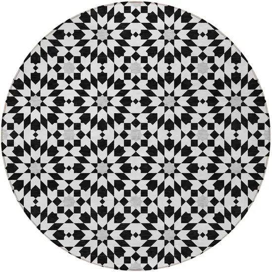 8' Black Gray And Silver Round Floral Medallion Washable Indoor Outdoor Area Rug Photo 6