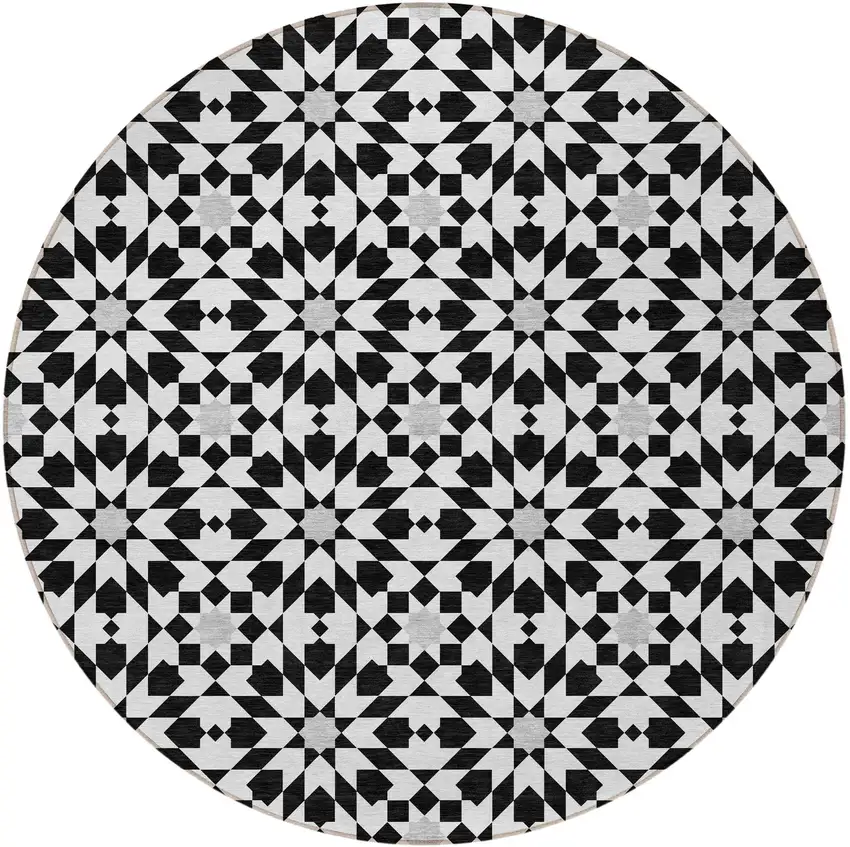 8' Black Gray And Silver Round Floral Medallion Washable Indoor Outdoor Area Rug Photo 6