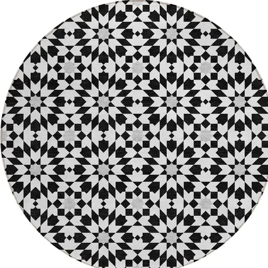8' Black Gray And Silver Round Floral Medallion Washable Indoor Outdoor Area Rug Photo 5