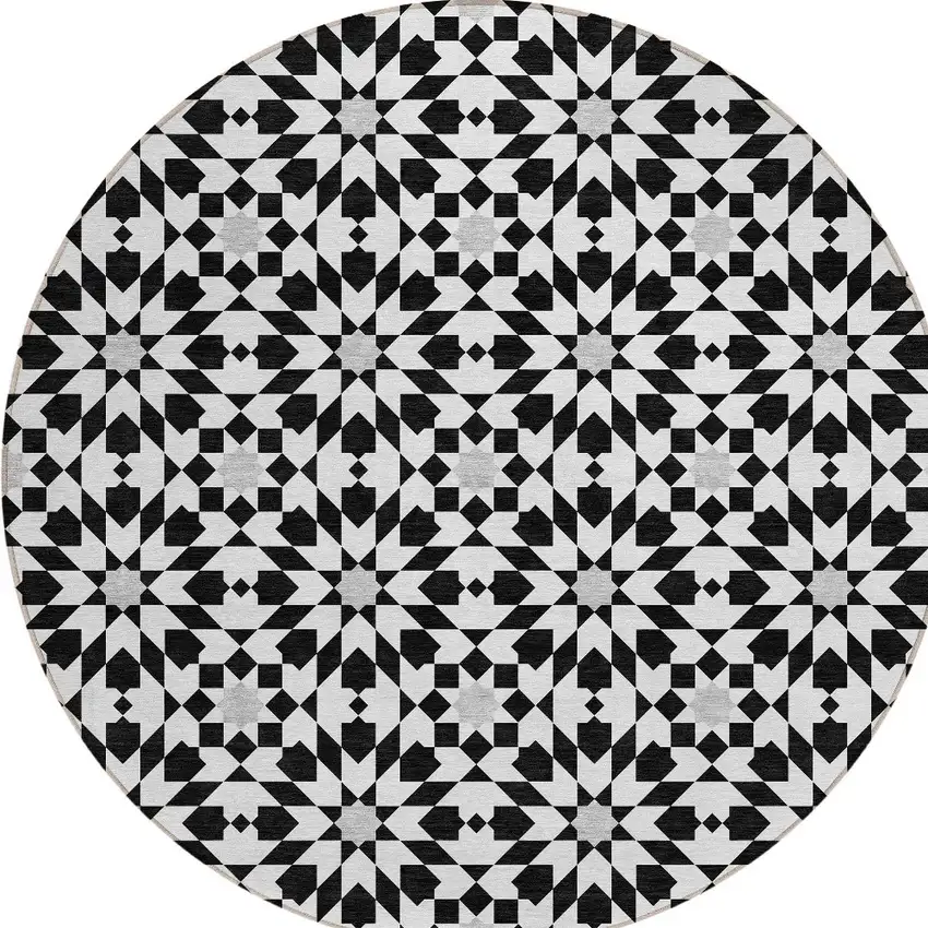 8' Black Gray And Silver Round Floral Medallion Washable Indoor Outdoor Area Rug Photo 5