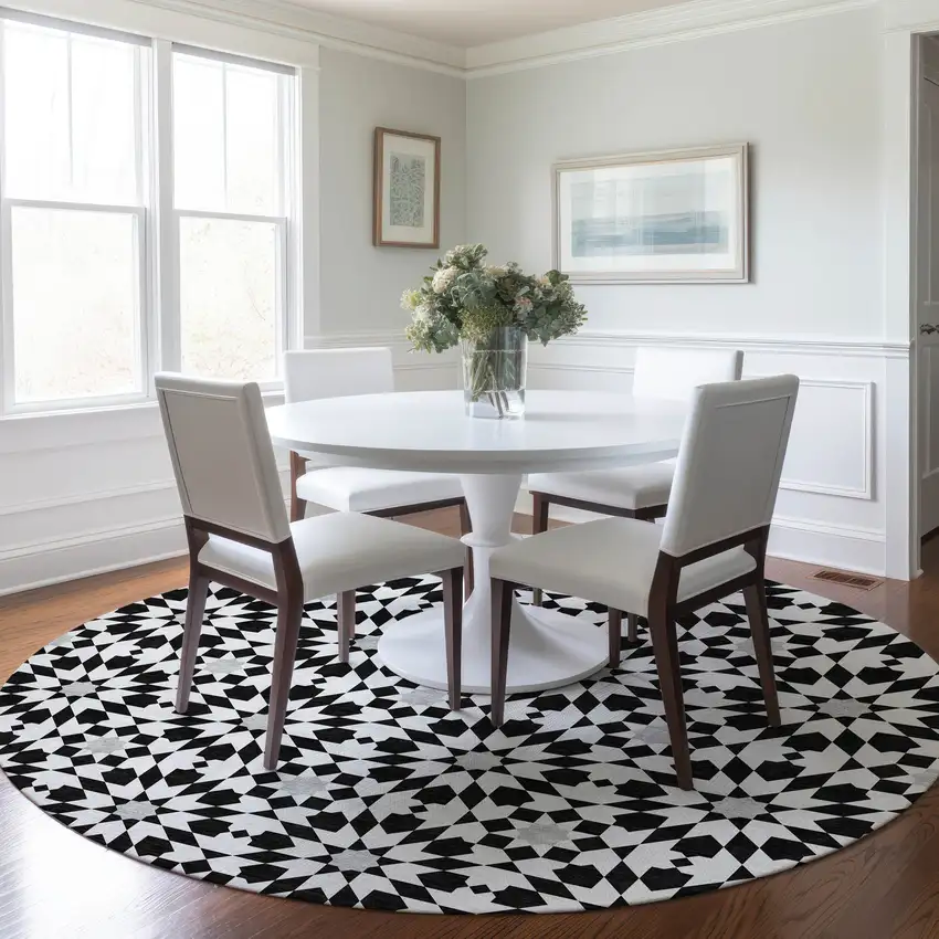 8' Black Gray And Silver Round Floral Medallion Washable Indoor Outdoor Area Rug Photo 8