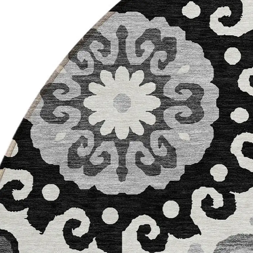 8' Black Gray And Silver Round Floral Medallion Washable Indoor Outdoor Area Rug Photo 4