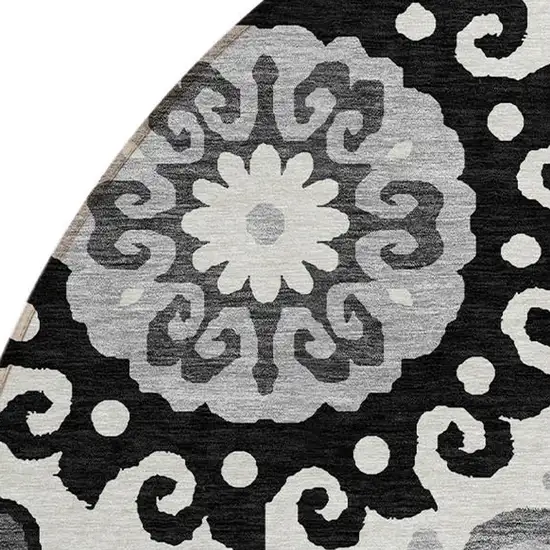 8' Black Gray And Silver Round Floral Medallion Washable Indoor Outdoor Area Rug Photo 4