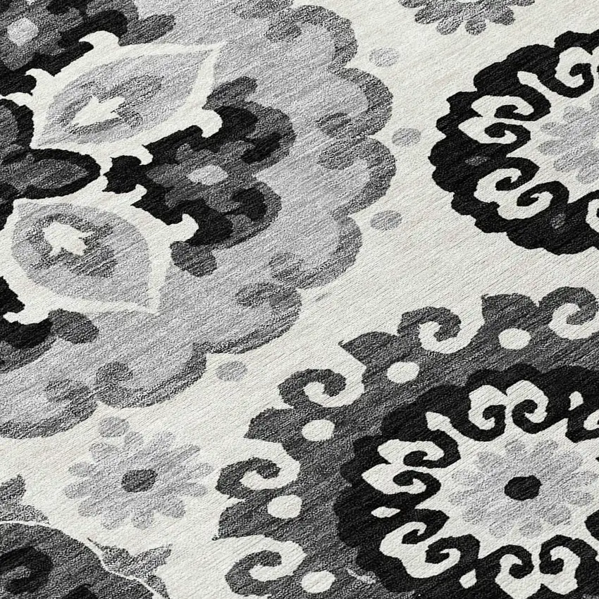 8' Black Gray And Silver Round Floral Medallion Washable Indoor Outdoor Area Rug Photo 9