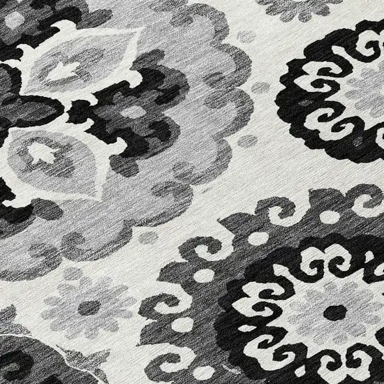 8' Black Gray And Silver Round Floral Medallion Washable Indoor Outdoor Area Rug Photo 9