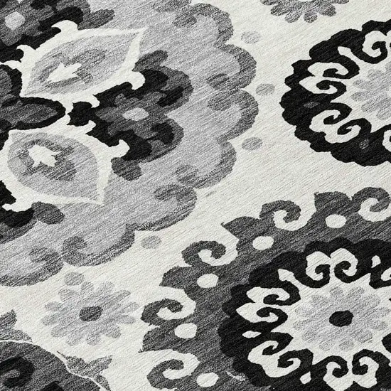 8' Black Gray And Silver Round Floral Medallion Washable Indoor Outdoor Area Rug Photo 9