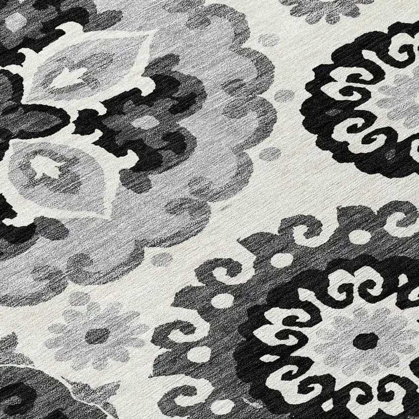 8' Black Gray And Silver Round Floral Medallion Washable Indoor Outdoor Area Rug Photo 9