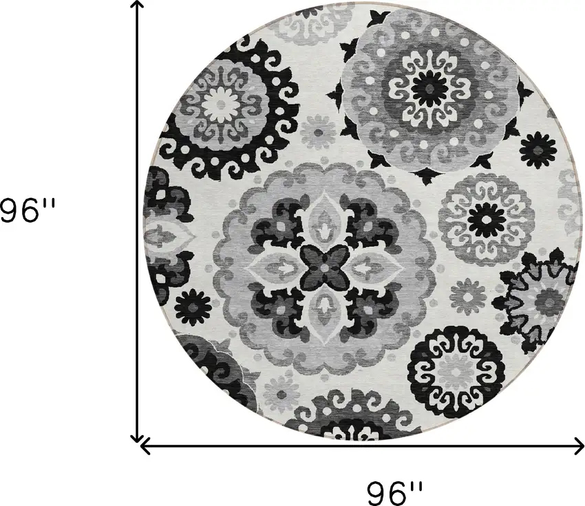 8' Black Gray And Silver Round Floral Medallion Washable Indoor Outdoor Area Rug Photo 3