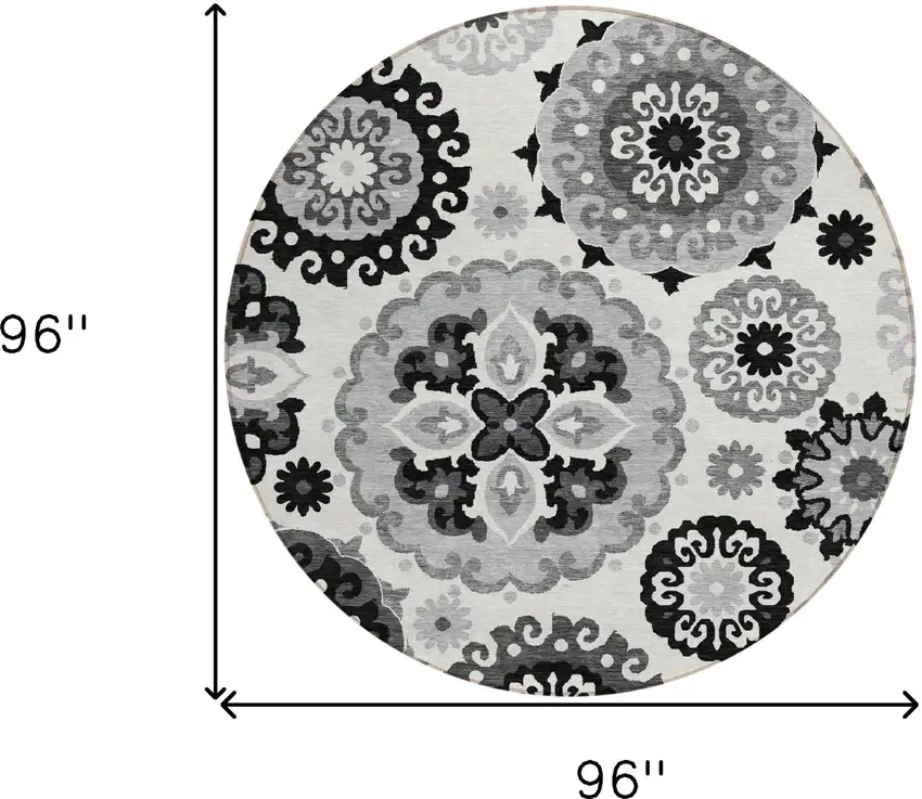 8' Black Gray And Silver Round Floral Medallion Washable Indoor Outdoor Area Rug Photo 3