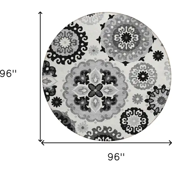 8' Black Gray And Silver Round Floral Medallion Washable Indoor Outdoor Area Rug Photo 3