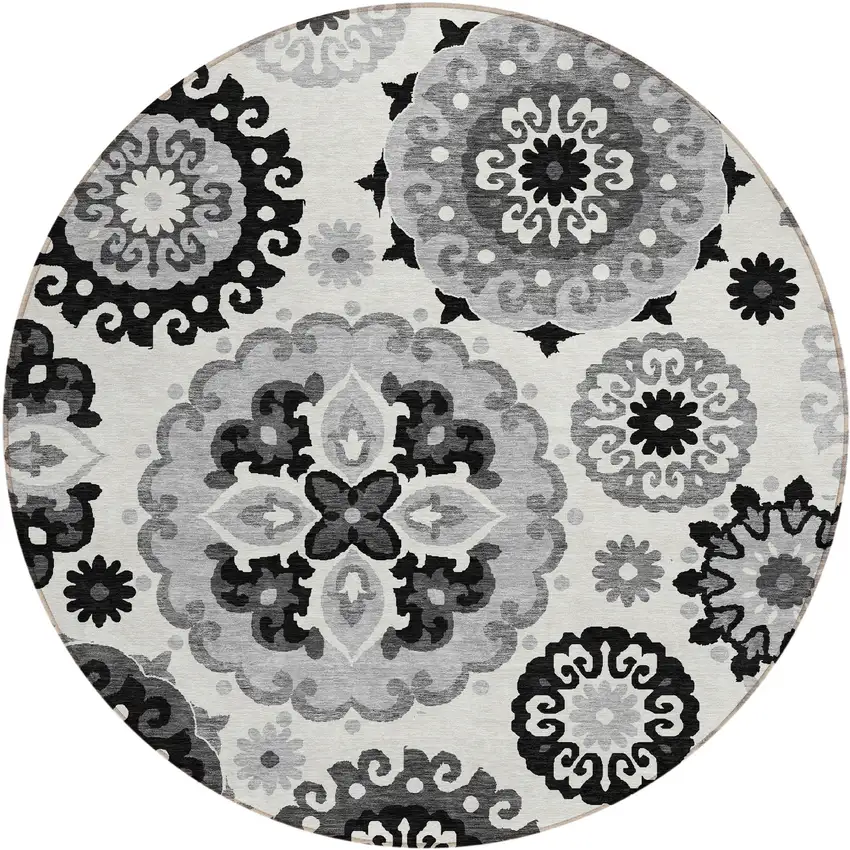 8' Black Gray And Silver Round Floral Medallion Washable Indoor Outdoor Area Rug Photo 1