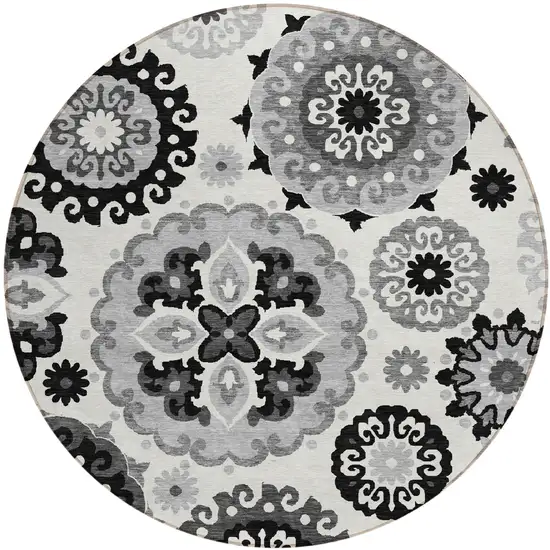 8' Black Gray And Silver Round Floral Medallion Washable Indoor Outdoor Area Rug Photo 1
