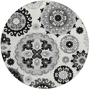 Photo of 8' Black Gray And Silver Round Floral Medallion Washable Indoor Outdoor Area Rug