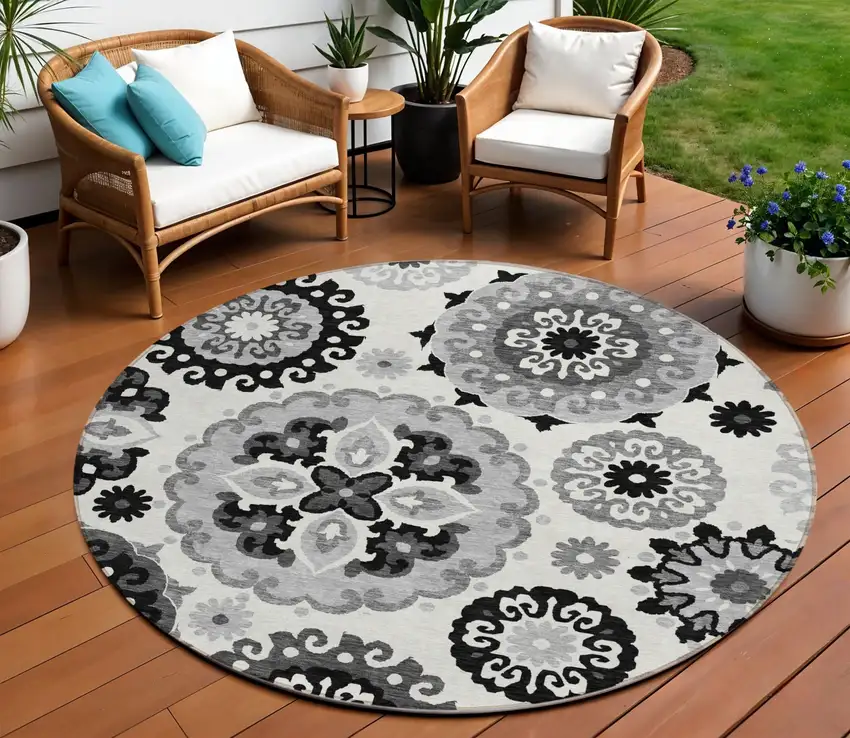 8' Black Gray And Silver Round Floral Medallion Washable Indoor Outdoor Area Rug Photo 1