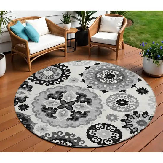 8' Black Gray And Silver Round Floral Medallion Washable Indoor Outdoor Area Rug Photo 1
