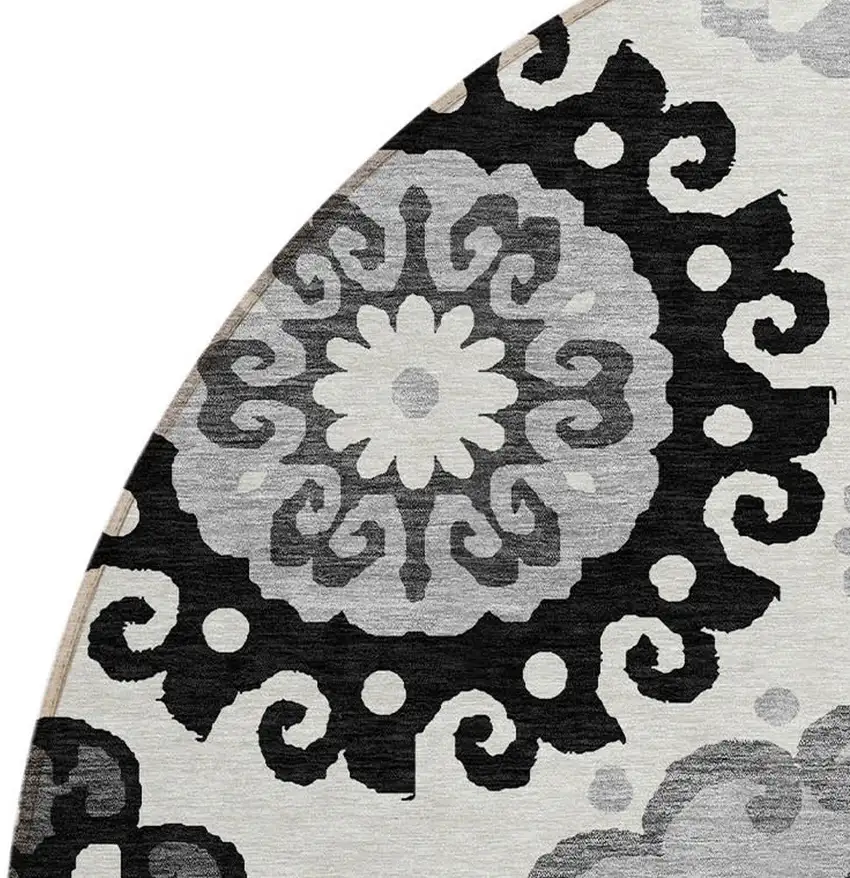 8' Black Gray And Silver Round Floral Medallion Washable Indoor Outdoor Area Rug Photo 5