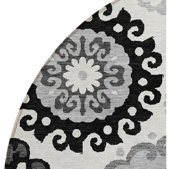 8' Black Gray And Silver Round Floral Medallion Washable Indoor Outdoor Area Rug Photo 5