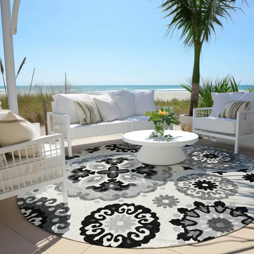 8' Black Gray And Silver Round Floral Medallion Washable Indoor Outdoor Area Rug Photo 6