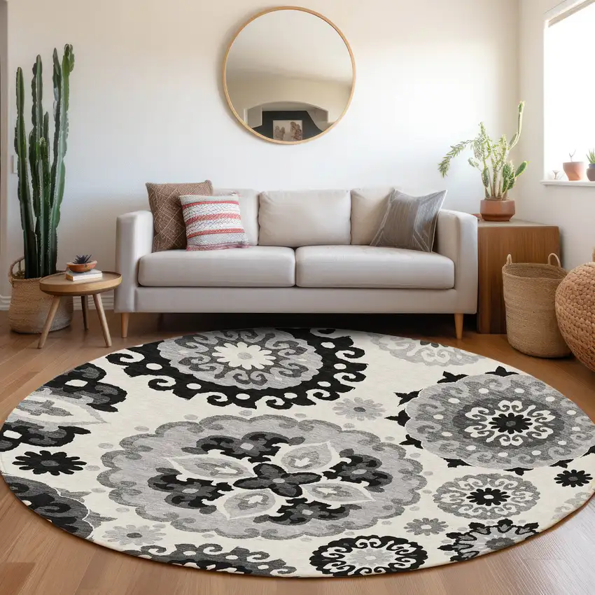 8' Black Gray And Silver Round Floral Medallion Washable Indoor Outdoor Area Rug Photo 7