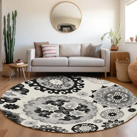 8' Black Gray And Silver Round Floral Medallion Washable Indoor Outdoor Area Rug Photo 7