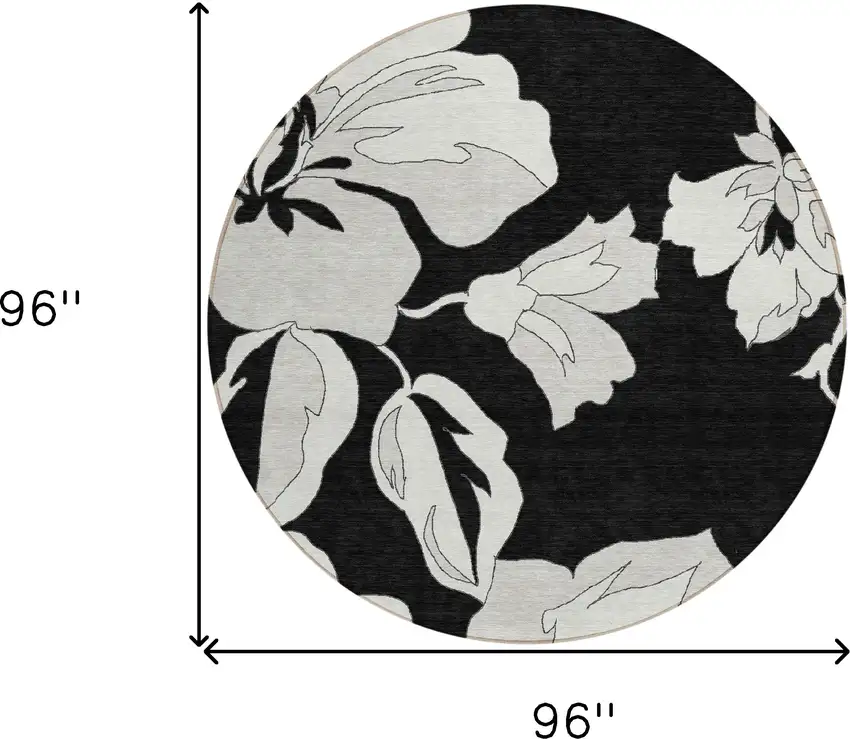 8' Black Gray And Silver Round Floral Washable Indoor Outdoor Area Rug Photo 3