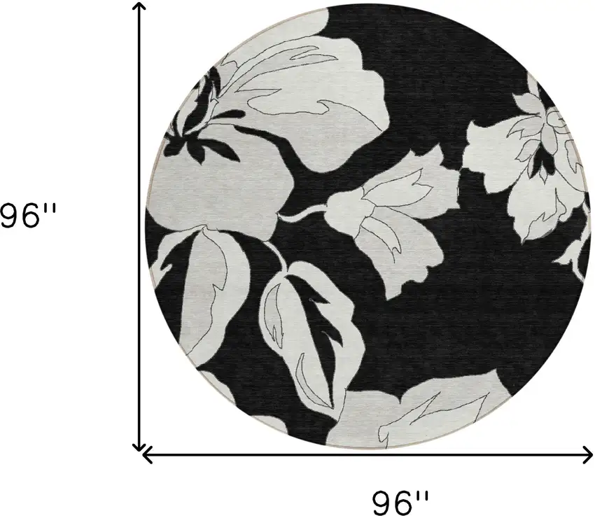 8' Black Gray And Silver Round Floral Washable Indoor Outdoor Area Rug Photo 3