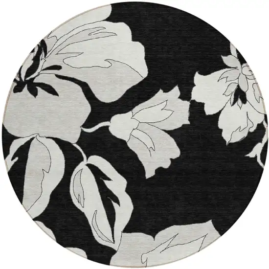 8' Black Gray And Silver Round Floral Washable Indoor Outdoor Area Rug Photo 2