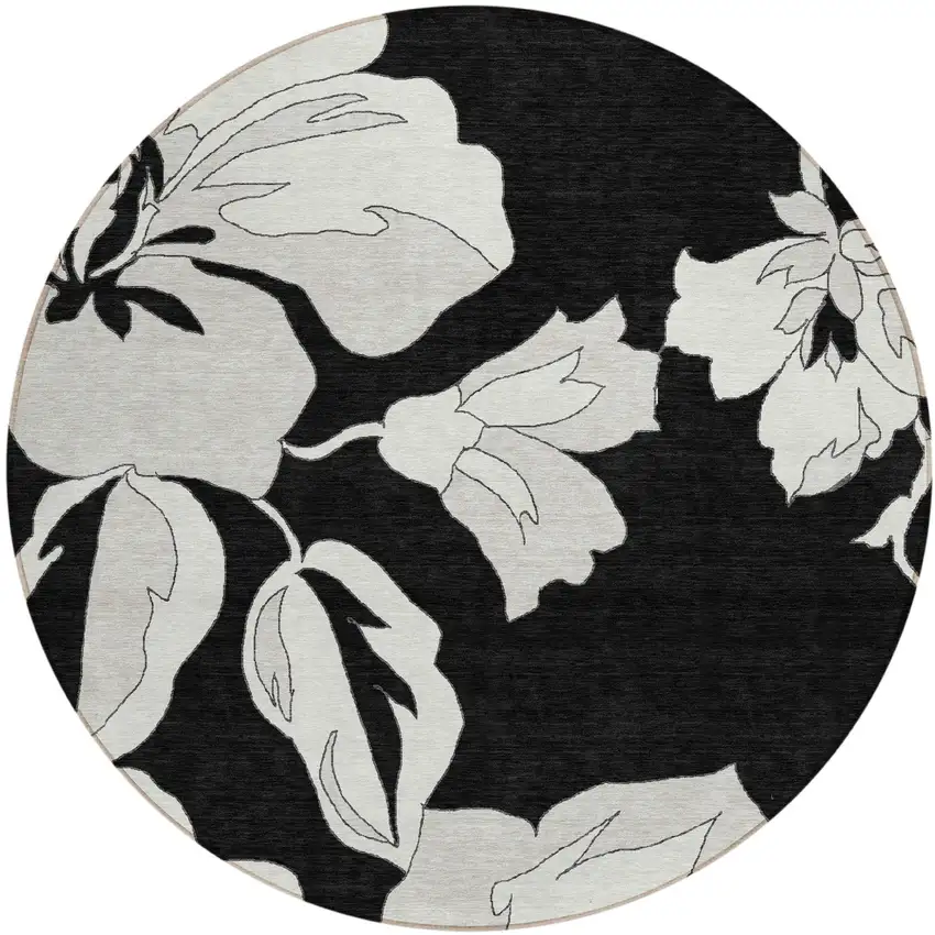 8' Black Gray And Silver Round Floral Washable Indoor Outdoor Area Rug Photo 2